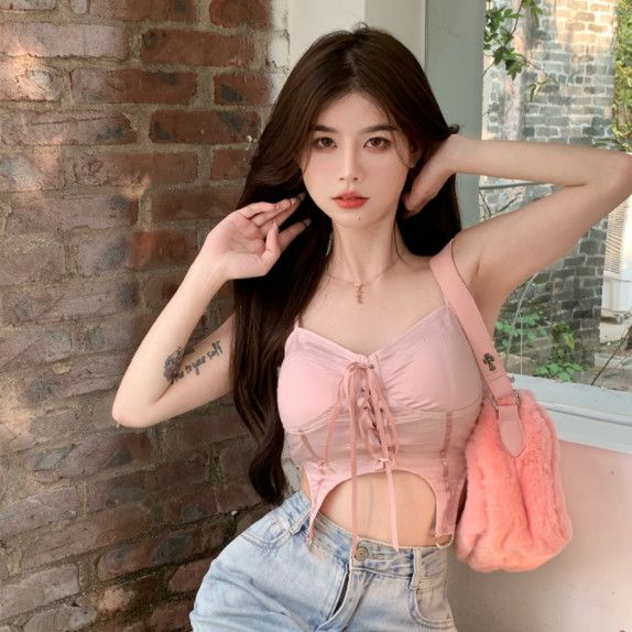 Jiashucheng Áo Hai Dây Ngắn Buộc Dây Màu Hồng Ngọt Ngào Cao Cấp Quyến Rũ