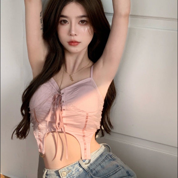 Jiashucheng Áo Hai Dây Ngắn Buộc Dây Màu Hồng Ngọt Ngào Cao Cấp Quyến Rũ
