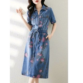ĐẦM JEAN HOA CỔ SƠMI RÚT EO CAO CẤP