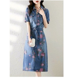ĐẦM JEAN HOA CỔ SƠMI RÚT EO CAO CẤP