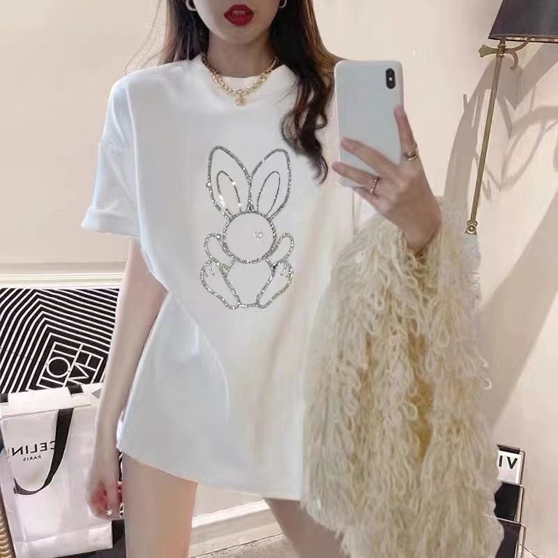 Jiashucheng Áo Thun Cotton Nguyên Chất Tay Ngắn Đính Đá Phong Cách Phương Tây Thời Trang Mùa Hè Mới Cho Nữ