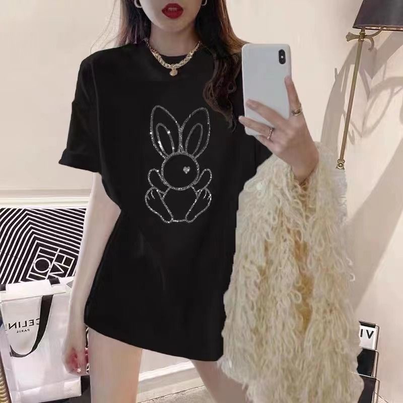 Jiashucheng Áo Thun Cotton Nguyên Chất Tay Ngắn Đính Đá Phong Cách Phương Tây Thời Trang Mùa Hè Mới Cho Nữ