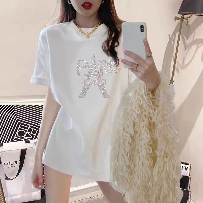 Jiashucheng Áo Thun Cotton Nguyên Chất Tay Ngắn Đính Đá Phong Cách Phương Tây Thời Trang Mùa Hè Mới Cho Nữ