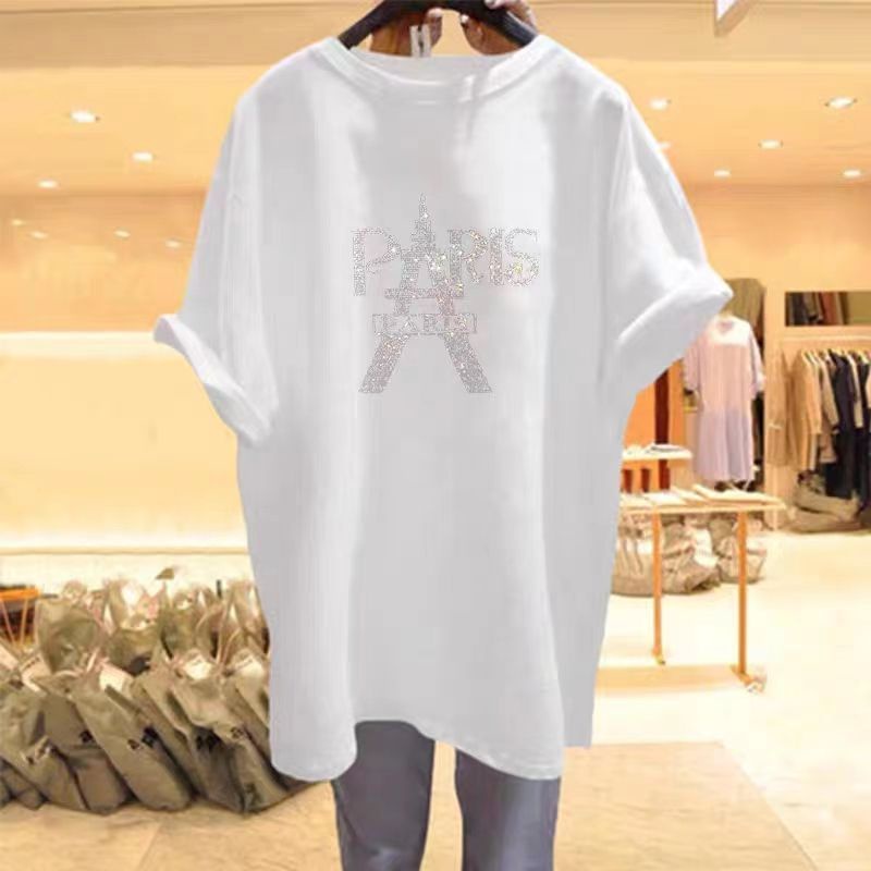 Jiashucheng Áo Thun Cotton Nguyên Chất Tay Ngắn Đính Đá Phong Cách Phương Tây Thời Trang Mùa Hè Mới Cho Nữ