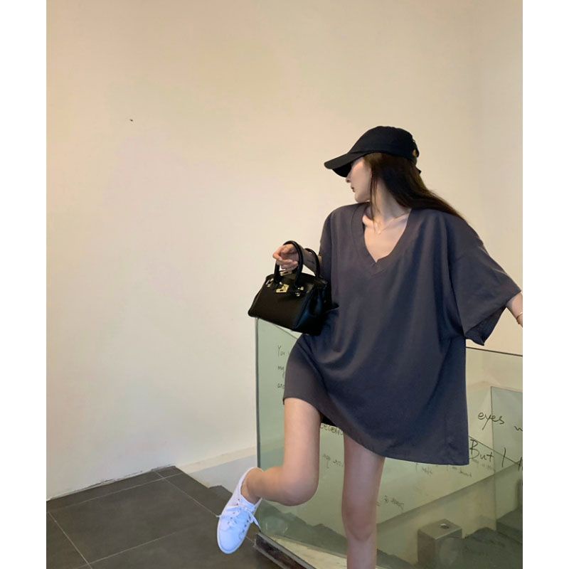 Jiashucheng Áo Thun Nữ Ngắn Tay Cổ Chữ V Form Rộng Phong Cách Mới