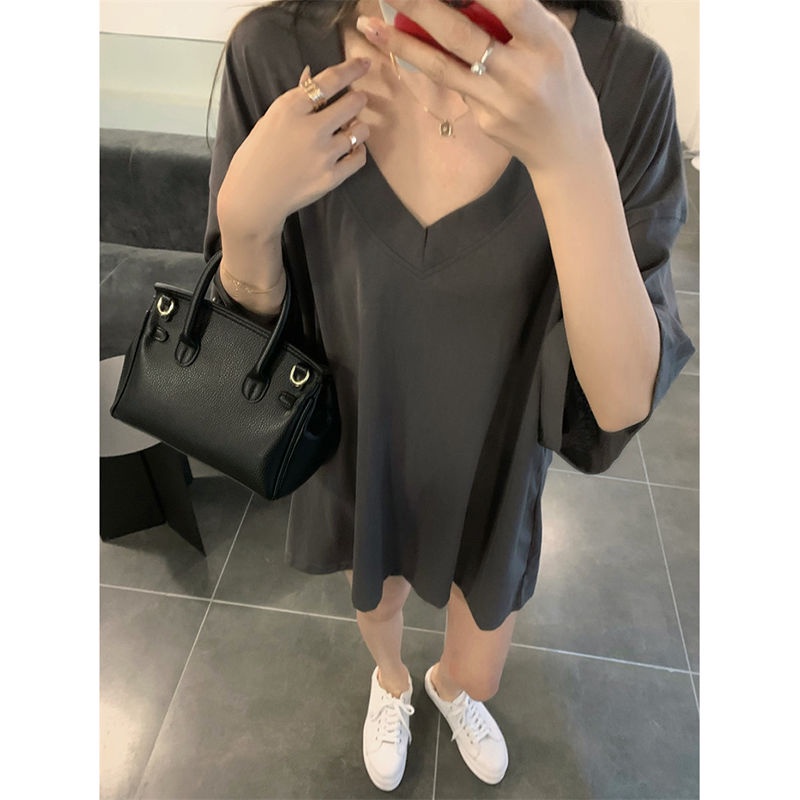 Jiashucheng Áo Thun Nữ Ngắn Tay Cổ Chữ V Form Rộng Phong Cách Mới