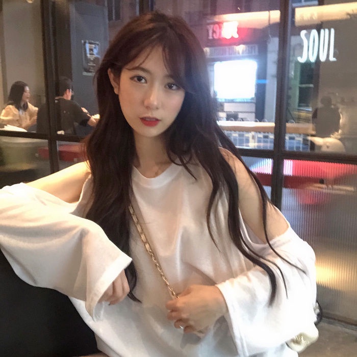 Jiashucheng Áo Thun Tay Dài Hở Vai Màu Trơn Phong Cách Hàn Quốc