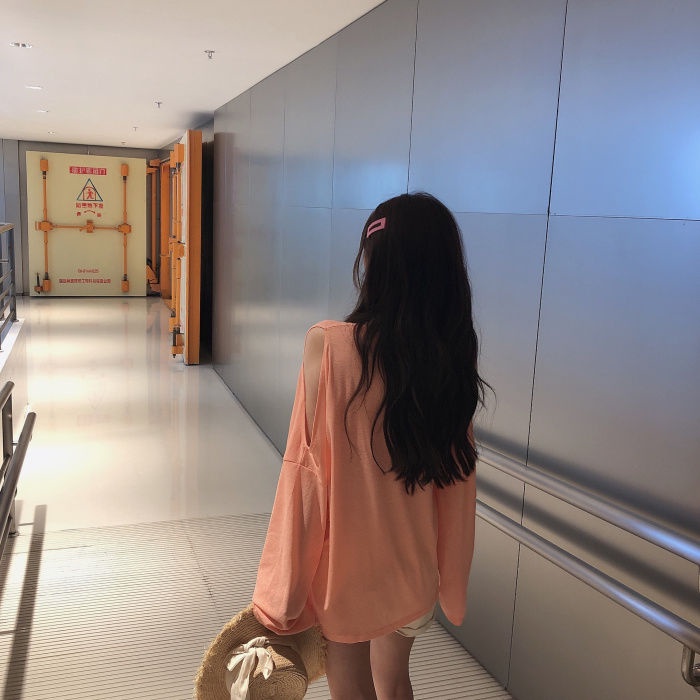 Jiashucheng Áo Thun Tay Dài Hở Vai Màu Trơn Phong Cách Hàn Quốc