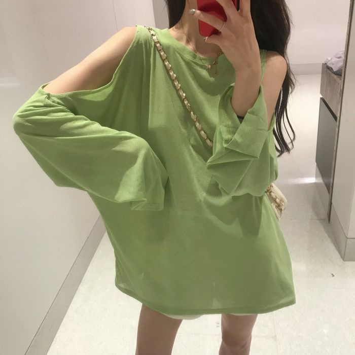 Jiashucheng Áo Thun Tay Dài Hở Vai Màu Trơn Phong Cách Hàn Quốc