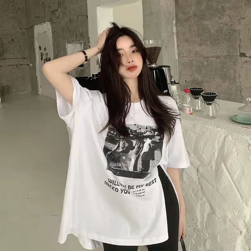 Jiashucheng Áo Thun Ngắn Tay Dáng Rộng Xẻ Tà Thời Trang Mùa Hè Phong Cách Phương Tây Cho Nữ