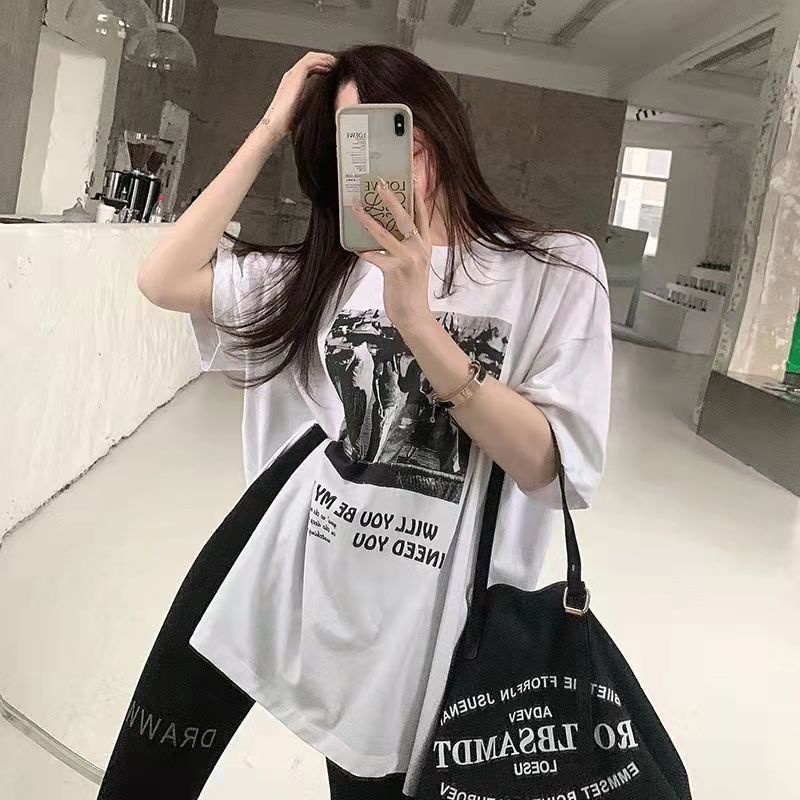 Jiashucheng Áo Thun Ngắn Tay Dáng Rộng Xẻ Tà Thời Trang Mùa Hè Phong Cách Phương Tây Cho Nữ