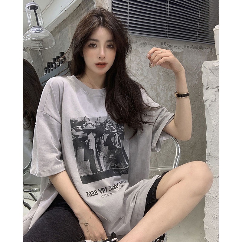 Jiashucheng Áo Thun Ngắn Tay Dáng Rộng Xẻ Tà Thời Trang Mùa Hè Phong Cách Phương Tây Cho Nữ