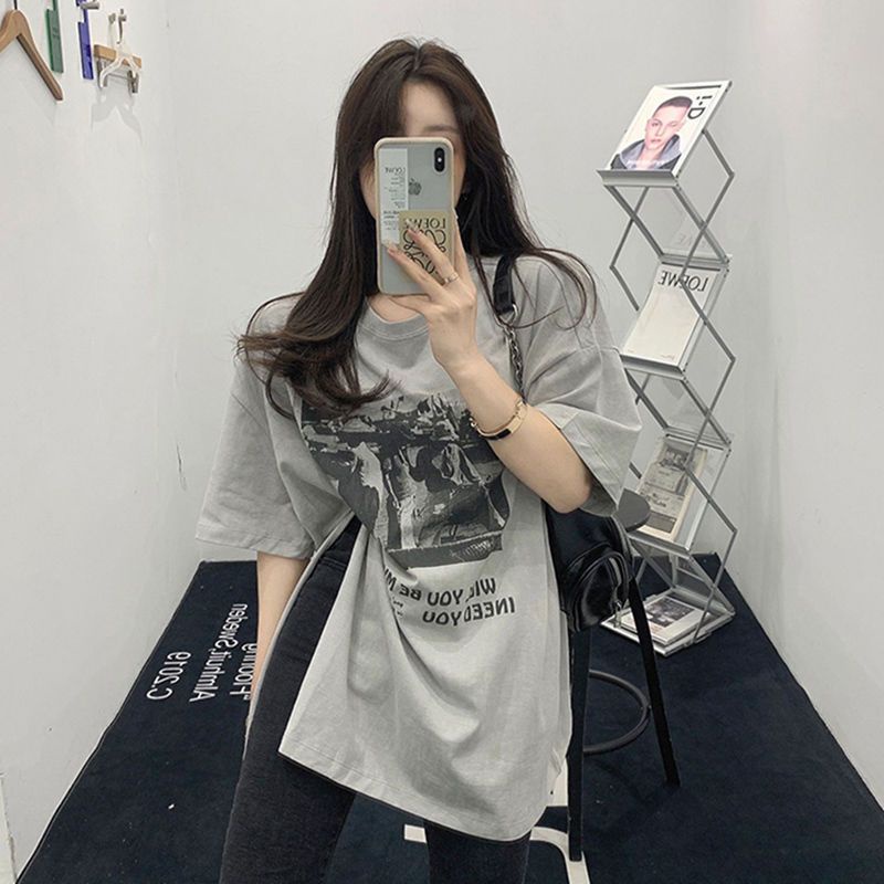 Jiashucheng Áo Thun Ngắn Tay Dáng Rộng Xẻ Tà Thời Trang Mùa Hè Phong Cách Phương Tây Cho Nữ