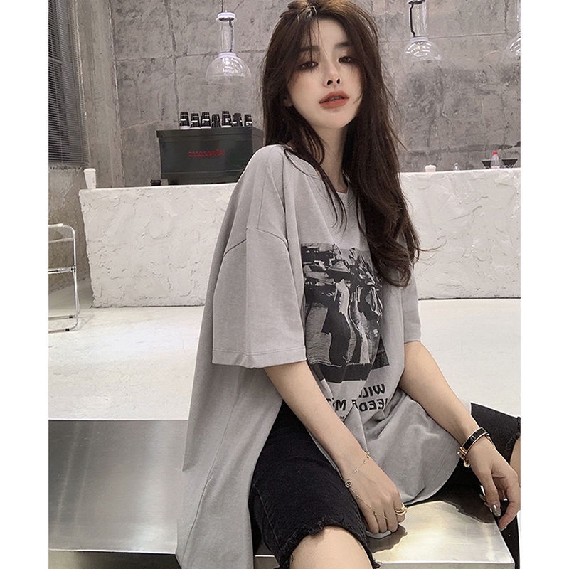 Jiashucheng Áo Thun Ngắn Tay Dáng Rộng Xẻ Tà Thời Trang Mùa Hè Phong Cách Phương Tây Cho Nữ