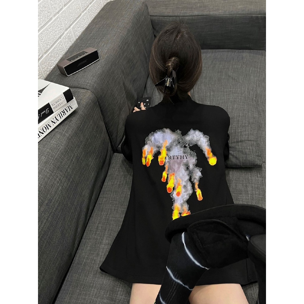 Jiashucheng Áo Thun Cotton Nguyên Chất Ngắn Tay Dáng Rộng In Họa Tiết Quả Cầu Lửa Phong Cách Niche Thiết Kế Sáng Tạo Cho Nữ