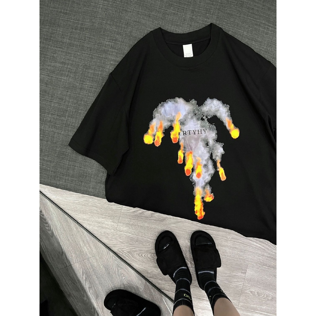 Jiashucheng Áo Thun Cotton Nguyên Chất Ngắn Tay Dáng Rộng In Họa Tiết Quả Cầu Lửa Phong Cách Niche Thiết Kế Sáng Tạo Cho Nữ