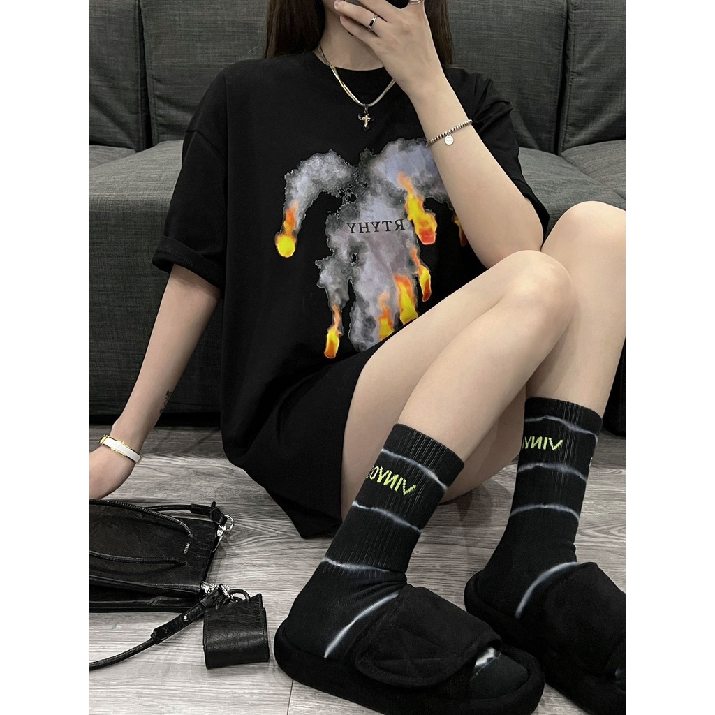 Jiashucheng Áo Thun Cotton Nguyên Chất Ngắn Tay Dáng Rộng In Họa Tiết Quả Cầu Lửa Phong Cách Niche Thiết Kế Sáng Tạo Cho Nữ