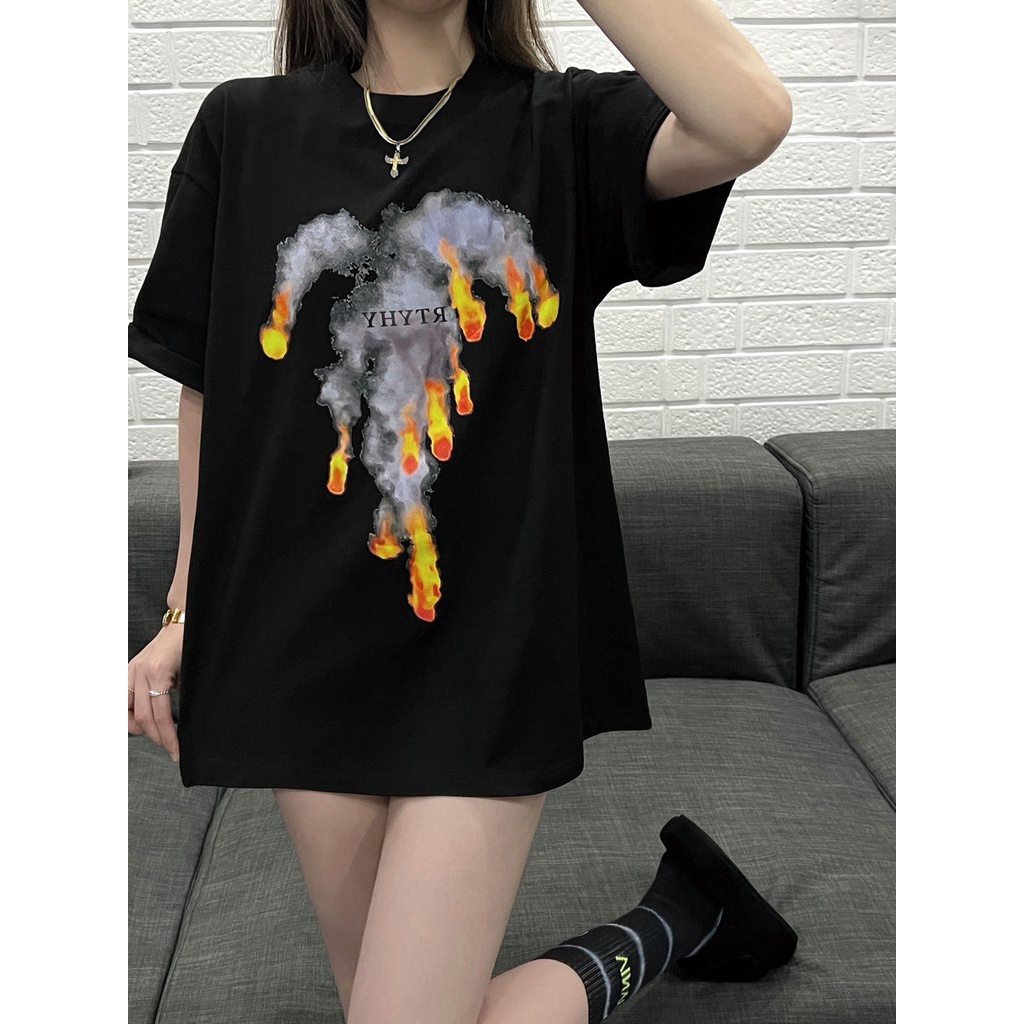 Jiashucheng Áo Thun Cotton Nguyên Chất Ngắn Tay Dáng Rộng In Họa Tiết Quả Cầu Lửa Phong Cách Niche Thiết Kế Sáng Tạo Cho Nữ