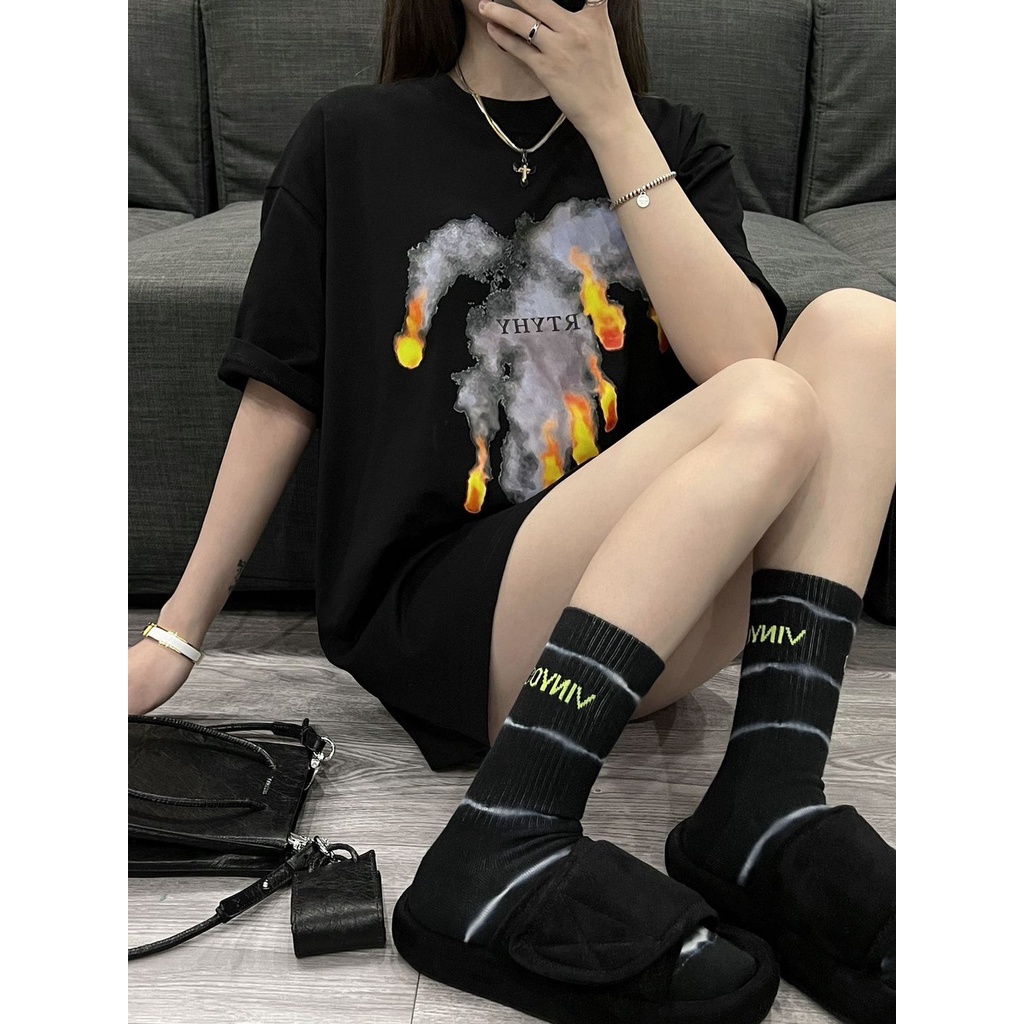 Jiashucheng Áo Thun Cotton Nguyên Chất Ngắn Tay Dáng Rộng In Họa Tiết Quả Cầu Lửa Phong Cách Niche Thiết Kế Sáng Tạo Cho Nữ