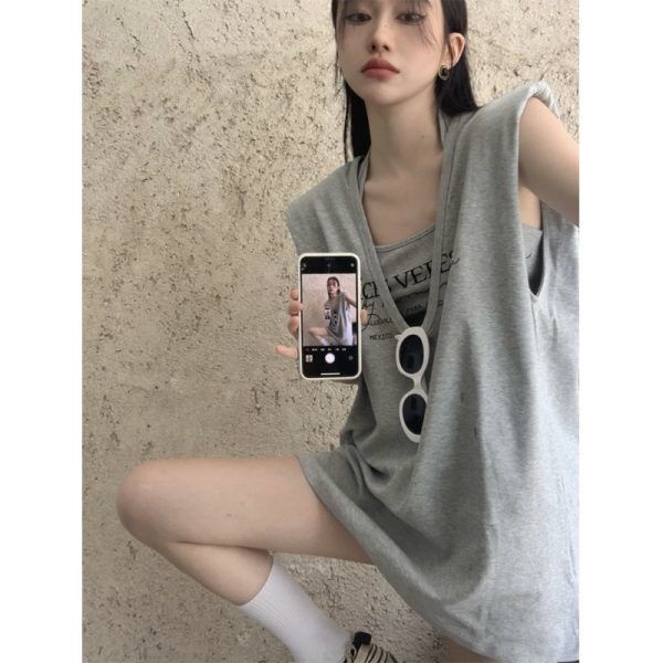 Jiashucheng Áo Thun Sát Nách Màu Xám Dáng Rộng Thời Trang Mùa Hè Phong Cách Hàn Quốc Cho Nữ