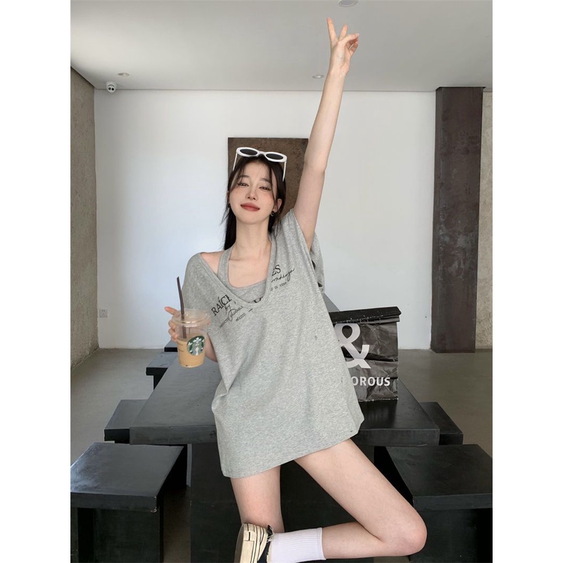 Jiashucheng Áo Thun Sát Nách Màu Xám Dáng Rộng Thời Trang Mùa Hè Phong Cách Hàn Quốc Cho Nữ