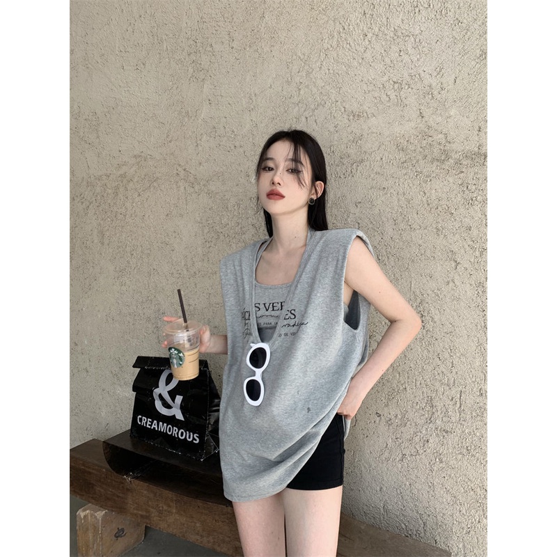 Jiashucheng Áo Thun Sát Nách Màu Xám Dáng Rộng Thời Trang Mùa Hè Phong Cách Hàn Quốc Cho Nữ