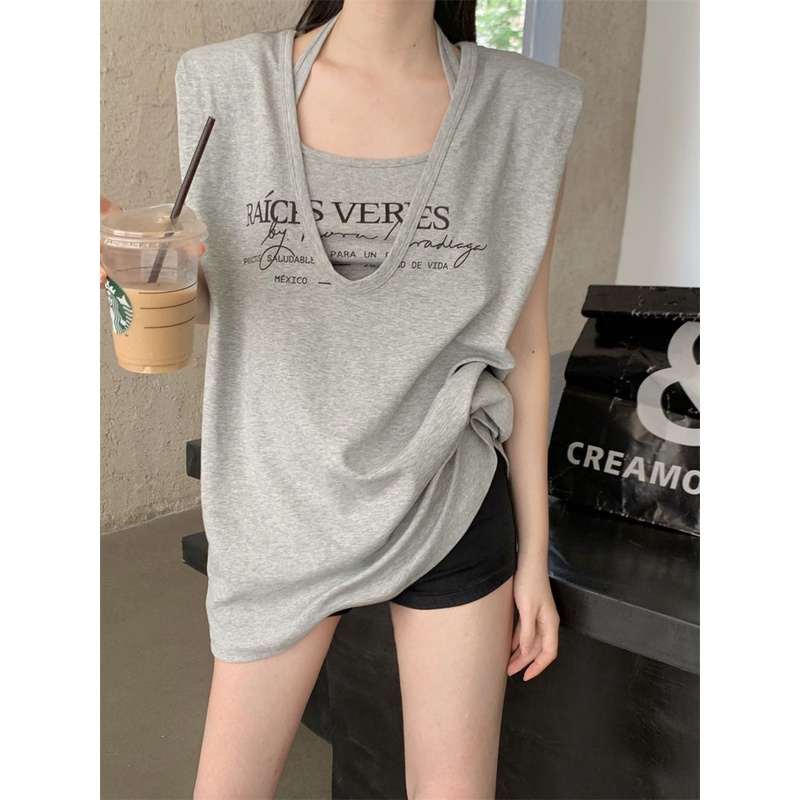 Jiashucheng Áo Thun Sát Nách Màu Xám Dáng Rộng Thời Trang Mùa Hè Phong Cách Hàn Quốc Cho Nữ