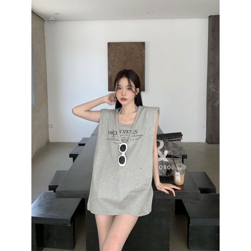 Jiashucheng Áo Thun Sát Nách Màu Xám Dáng Rộng Thời Trang Mùa Hè Phong Cách Hàn Quốc Cho Nữ