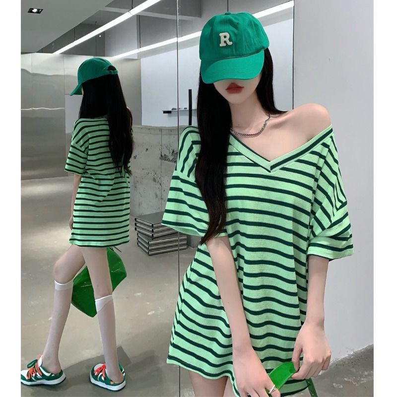 Jiashucheng Áo Thun Cổ Chữ V Dáng Rộng Cỡ Lớn Thời Trang Mùa Hè Cho Nữ