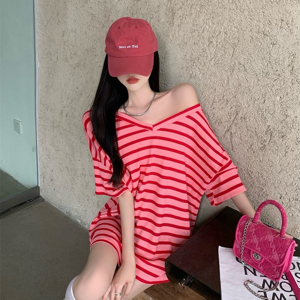 Jiashucheng Áo Thun Cổ Chữ V Dáng Rộng Cỡ Lớn Thời Trang Mùa Hè Cho Nữ