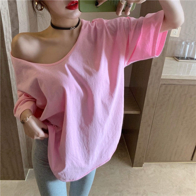 Jiashucheng Áo Thun Ngắn Tay Cổ Chữ U Màu Trơn Phong Cách Thời Trang Xuân Hè Mới Quyến Rũ