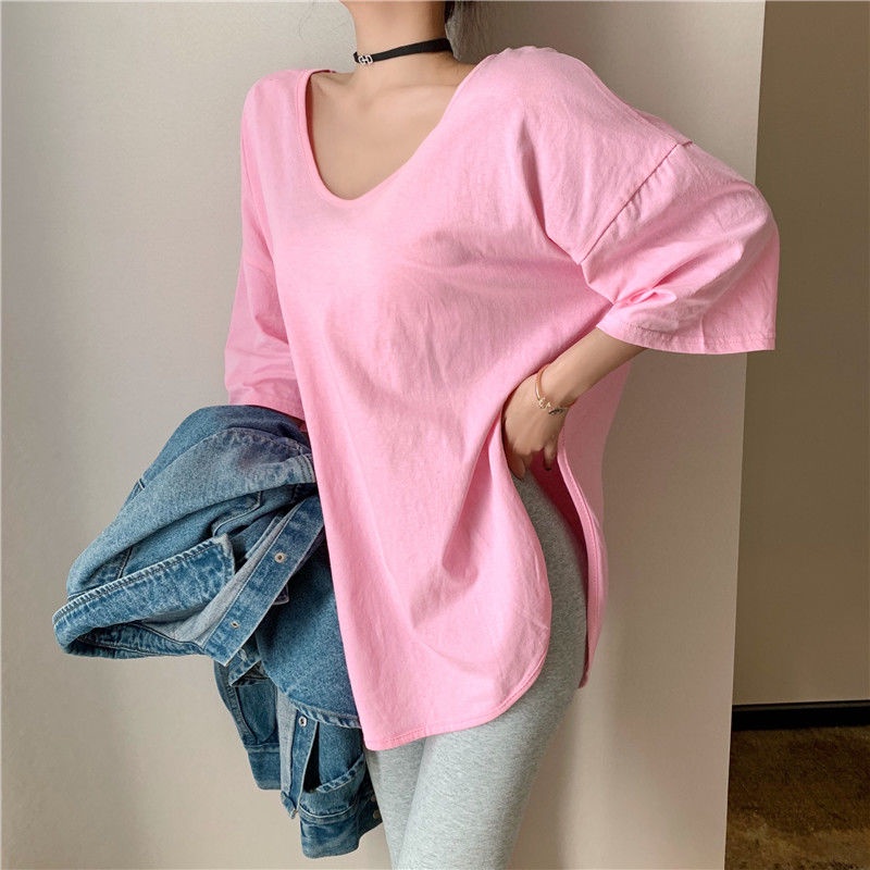 Jiashucheng Áo Thun Ngắn Tay Cổ Chữ U Màu Trơn Phong Cách Thời Trang Xuân Hè Mới Quyến Rũ