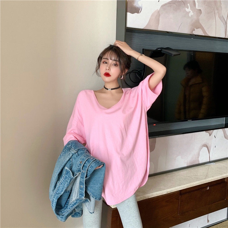 Jiashucheng Áo Thun Ngắn Tay Cổ Chữ U Màu Trơn Phong Cách Thời Trang Xuân Hè Mới Quyến Rũ