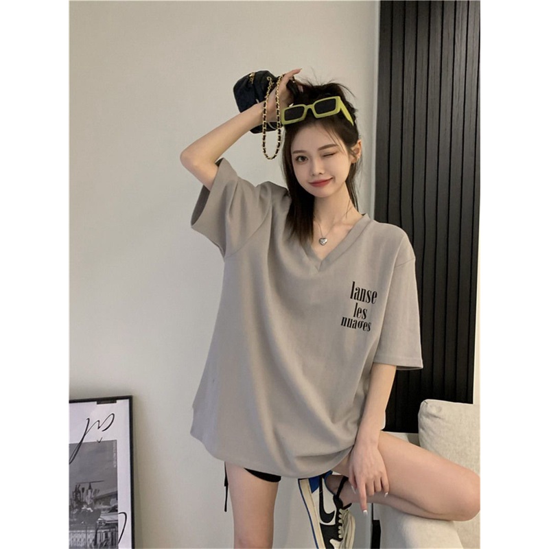 Jiashucheng Áo Thun Nữ Ngắn Tay Cổ Chữ v In Chữ Thời Trang Mới