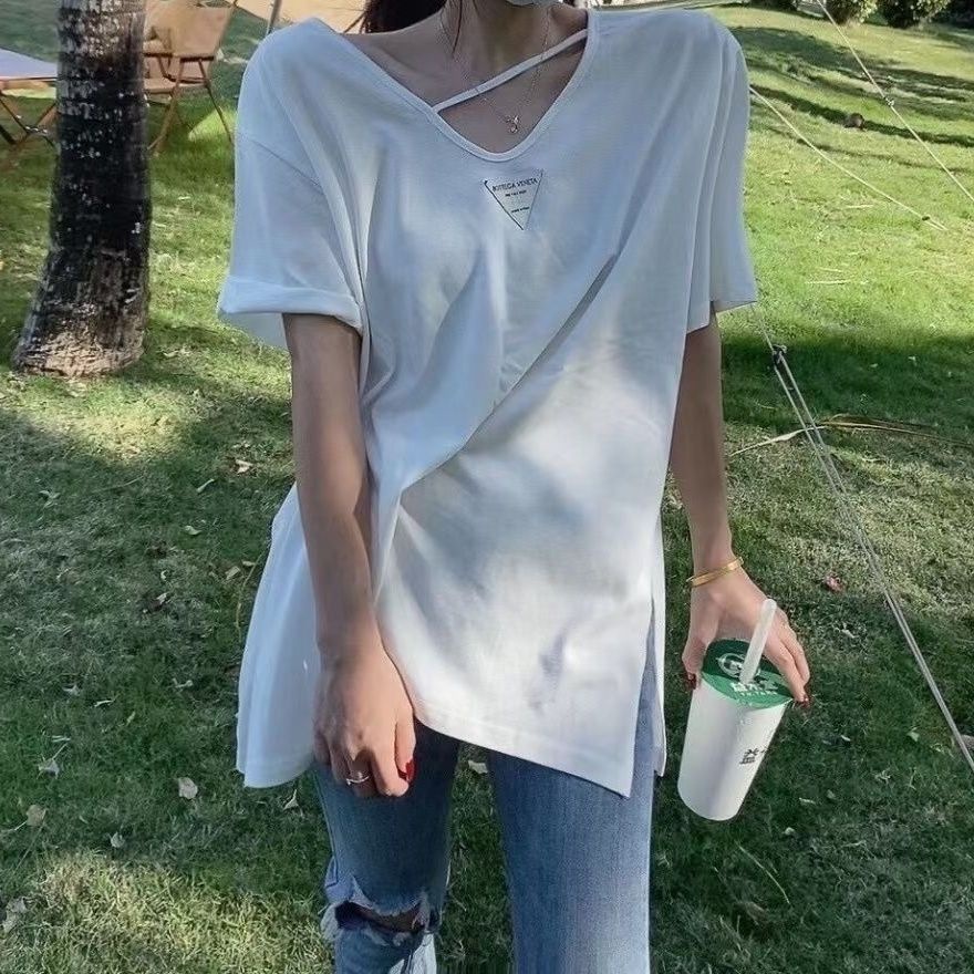 Jiashucheng Áo Thun Ngắn Tay Cổ Chữ v Dáng Rộng Phong Cách Phương Tây Cho Nữ