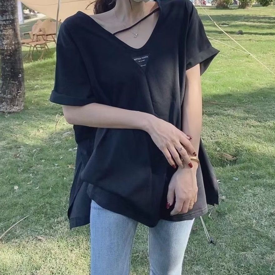 Jiashucheng Áo Thun Ngắn Tay Cổ Chữ v Dáng Rộng Phong Cách Phương Tây Cho Nữ
