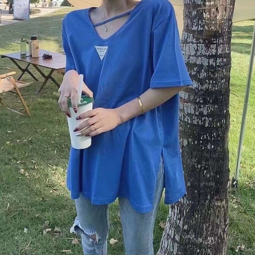 Jiashucheng Áo Thun Ngắn Tay Cổ Chữ v Dáng Rộng Phong Cách Phương Tây Cho Nữ