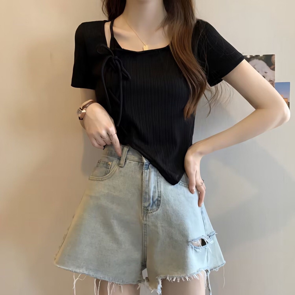 Áo Thun Tay Ngắn Phối Dây Rút Phong Cách Preppy Thời Trang Mùa Hè Xinh Xắn Cho Nữ