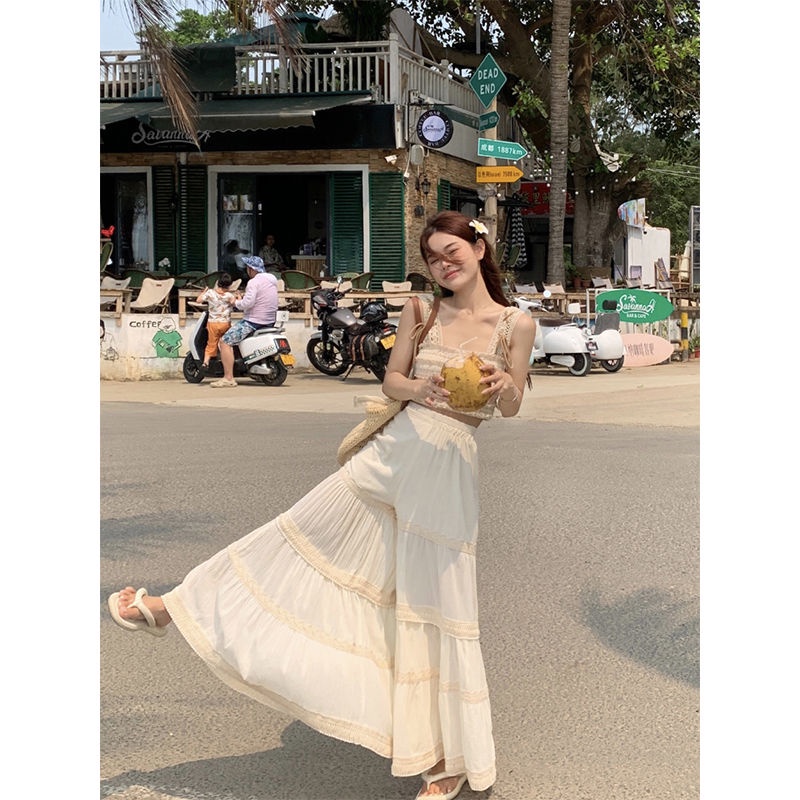 Jiashucheng Bộ Đồ Áo Sát Nách Phối Ren Rỗng Dáng Dài Ngọt Ngào Thời Trang Mùa Hè Cho Nữ