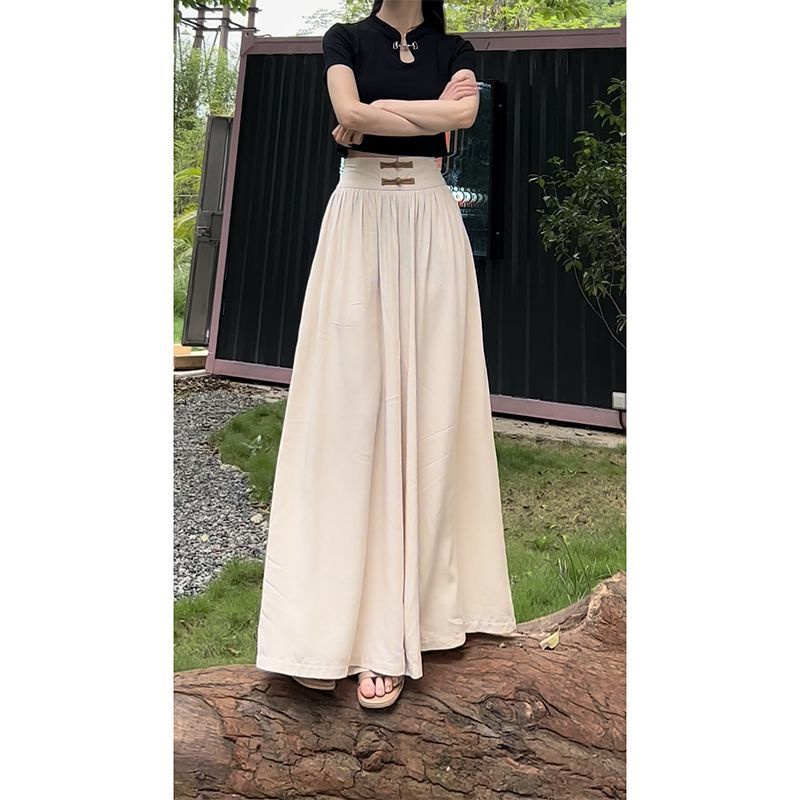 Jiashucheng Quần Culottes Lưng Cao Ống Rộng Cài Khóa Thời Trang Thu Hè Phong Cách Trung Hoa Mới Cho Nữ
