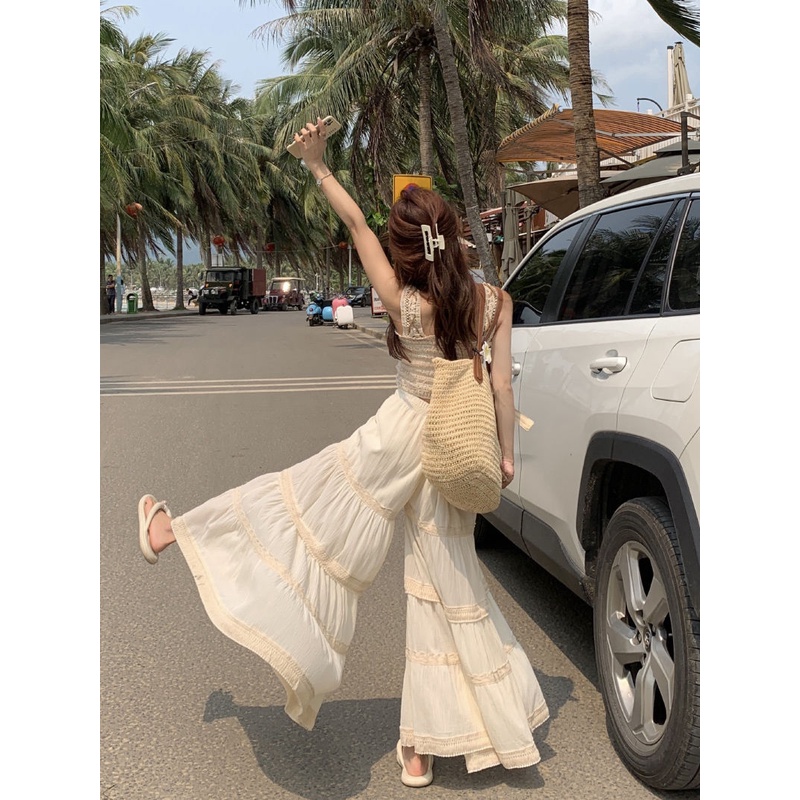 Jiashucheng Bộ Đồ Áo Sát Nách Phối Ren Rỗng Dáng Dài Ngọt Ngào Thời Trang Mùa Hè Cho Nữ