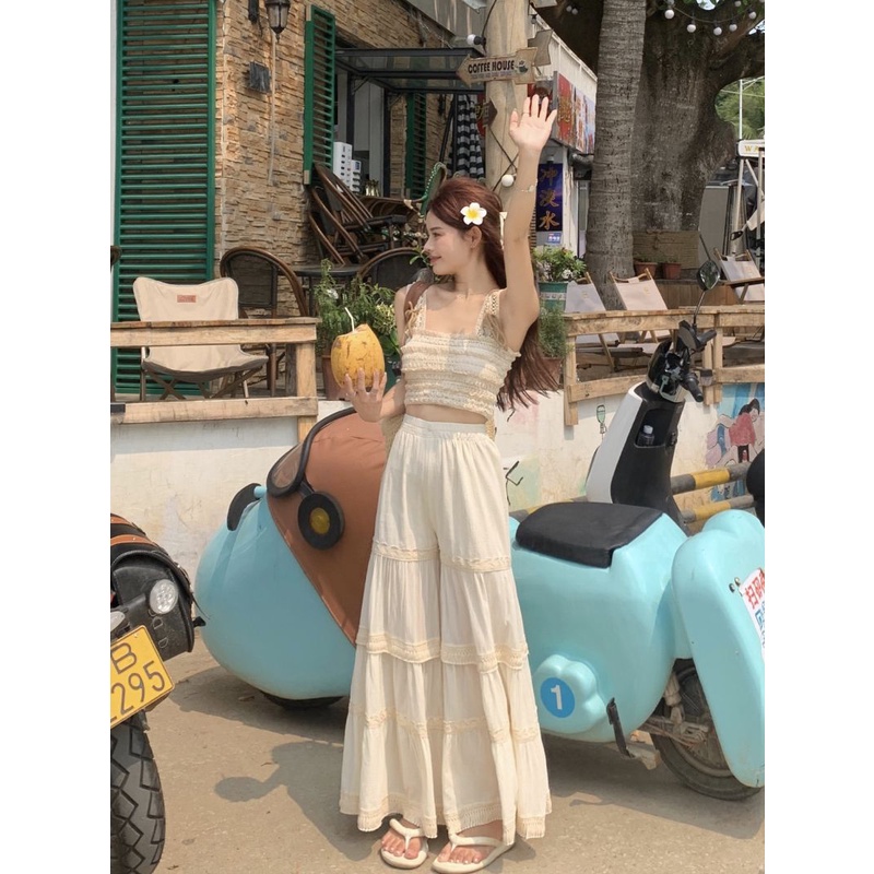 Jiashucheng Bộ Đồ Áo Sát Nách Phối Ren Rỗng Dáng Dài Ngọt Ngào Thời Trang Mùa Hè Cho Nữ