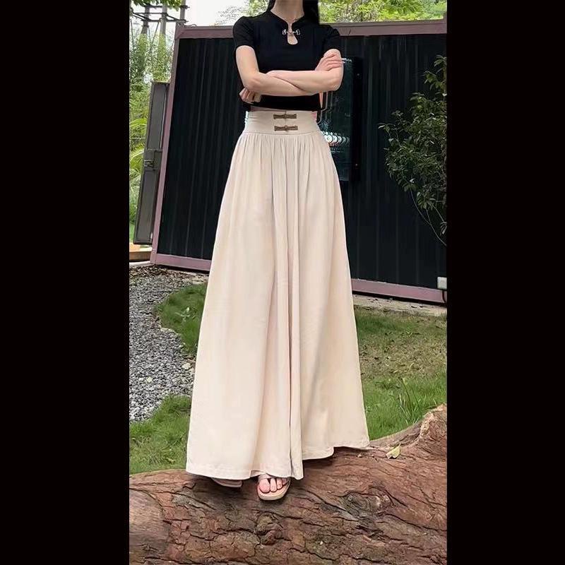 Jiashucheng Quần Culottes Lưng Cao Ống Rộng Cài Khóa Thời Trang Thu Hè Phong Cách Trung Hoa Mới Cho Nữ