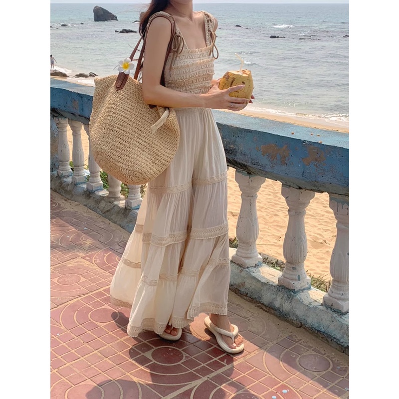 Jiashucheng Bộ Đồ Áo Sát Nách Phối Ren Rỗng Dáng Dài Ngọt Ngào Thời Trang Mùa Hè Cho Nữ