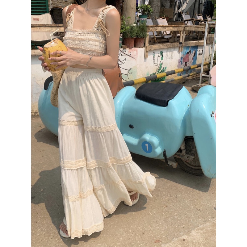 Jiashucheng Bộ Đồ Áo Sát Nách Phối Ren Rỗng Dáng Dài Ngọt Ngào Thời Trang Mùa Hè Cho Nữ