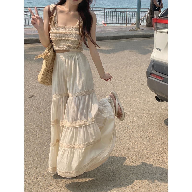 Jiashucheng Bộ Đồ Áo Sát Nách Phối Ren Rỗng Dáng Dài Ngọt Ngào Thời Trang Mùa Hè Cho Nữ