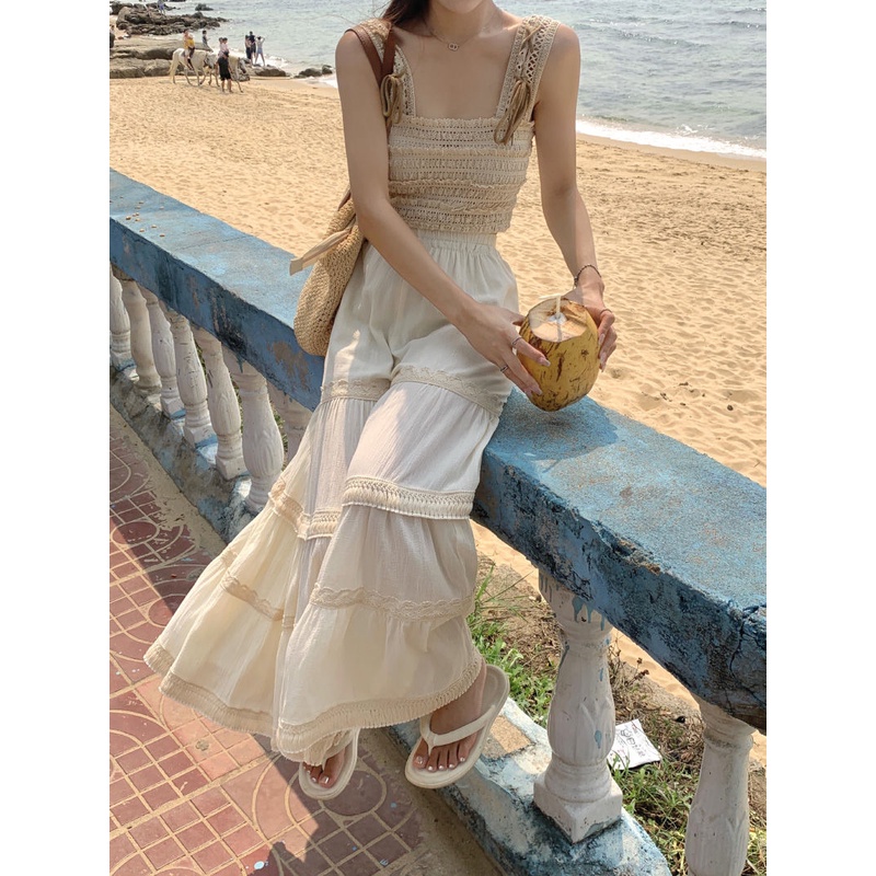 Jiashucheng Bộ Đồ Áo Sát Nách Phối Ren Rỗng Dáng Dài Ngọt Ngào Thời Trang Mùa Hè Cho Nữ