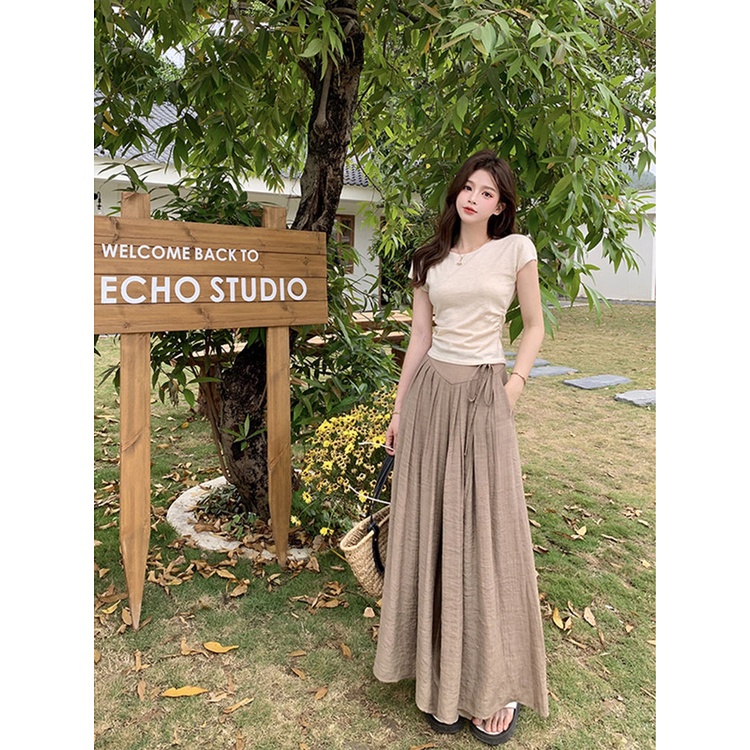 Jiashucheng Quần Dài Lưng Cao Cột Dây Co Giãn Thời Trang Mùa Hè Xinh Xắn Cho Nữ