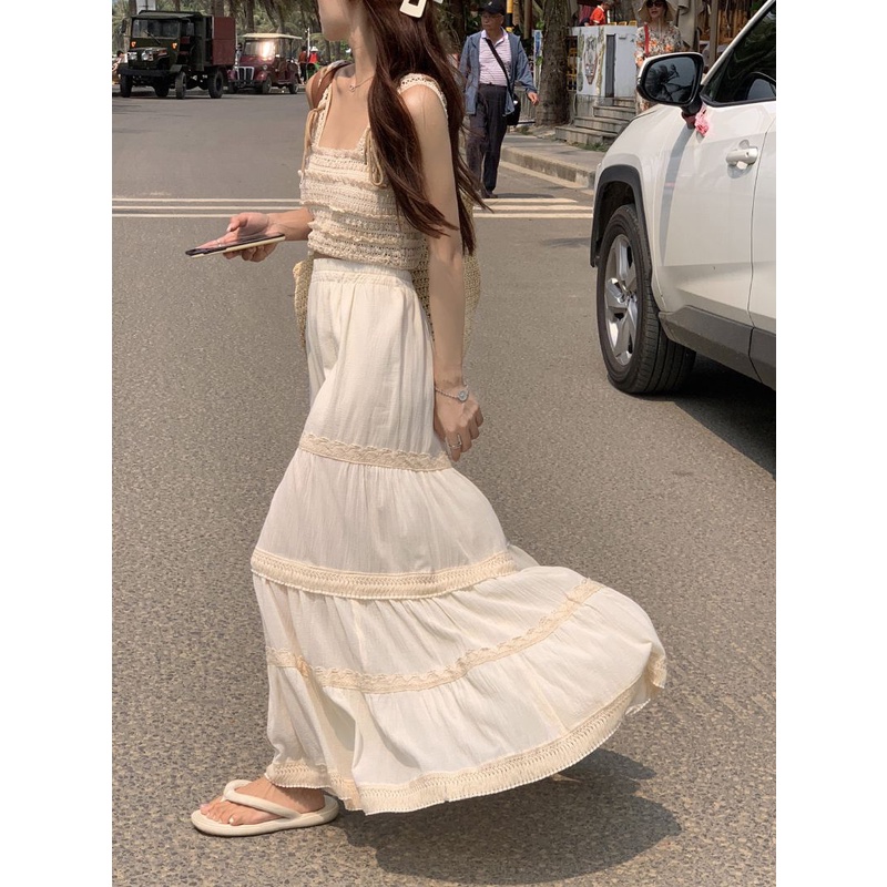 Jiashucheng Bộ Đồ Áo Sát Nách Phối Ren Rỗng Dáng Dài Ngọt Ngào Thời Trang Mùa Hè Cho Nữ