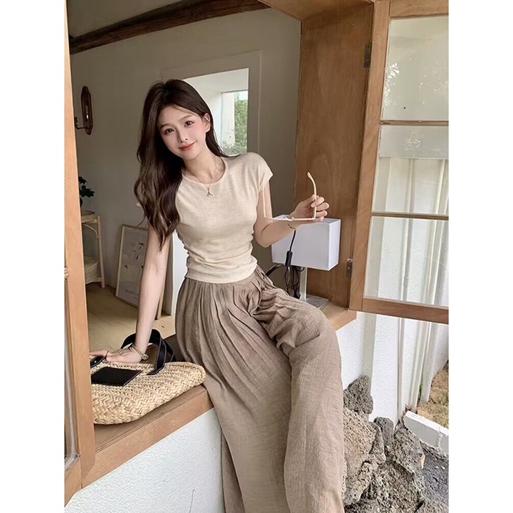 Jiashucheng Quần Dài Lưng Cao Cột Dây Co Giãn Thời Trang Mùa Hè Xinh Xắn Cho Nữ